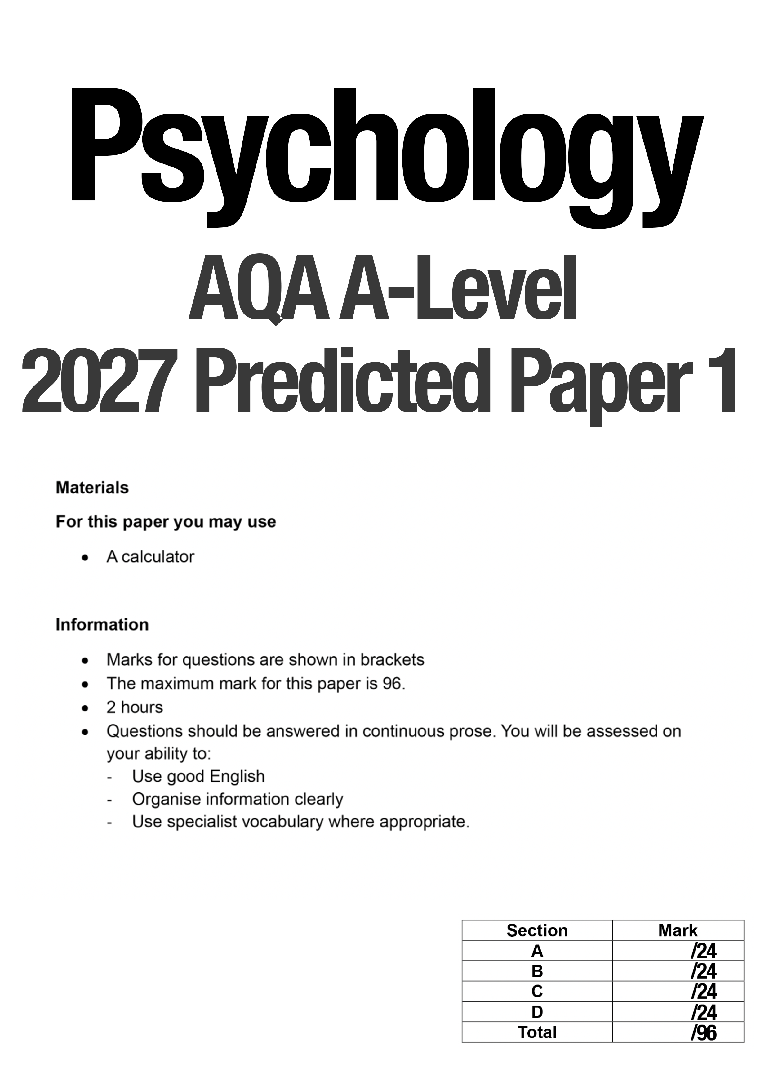 2027 AQA A-Level Psychology Predicted Paper 1 + Mark Scheme