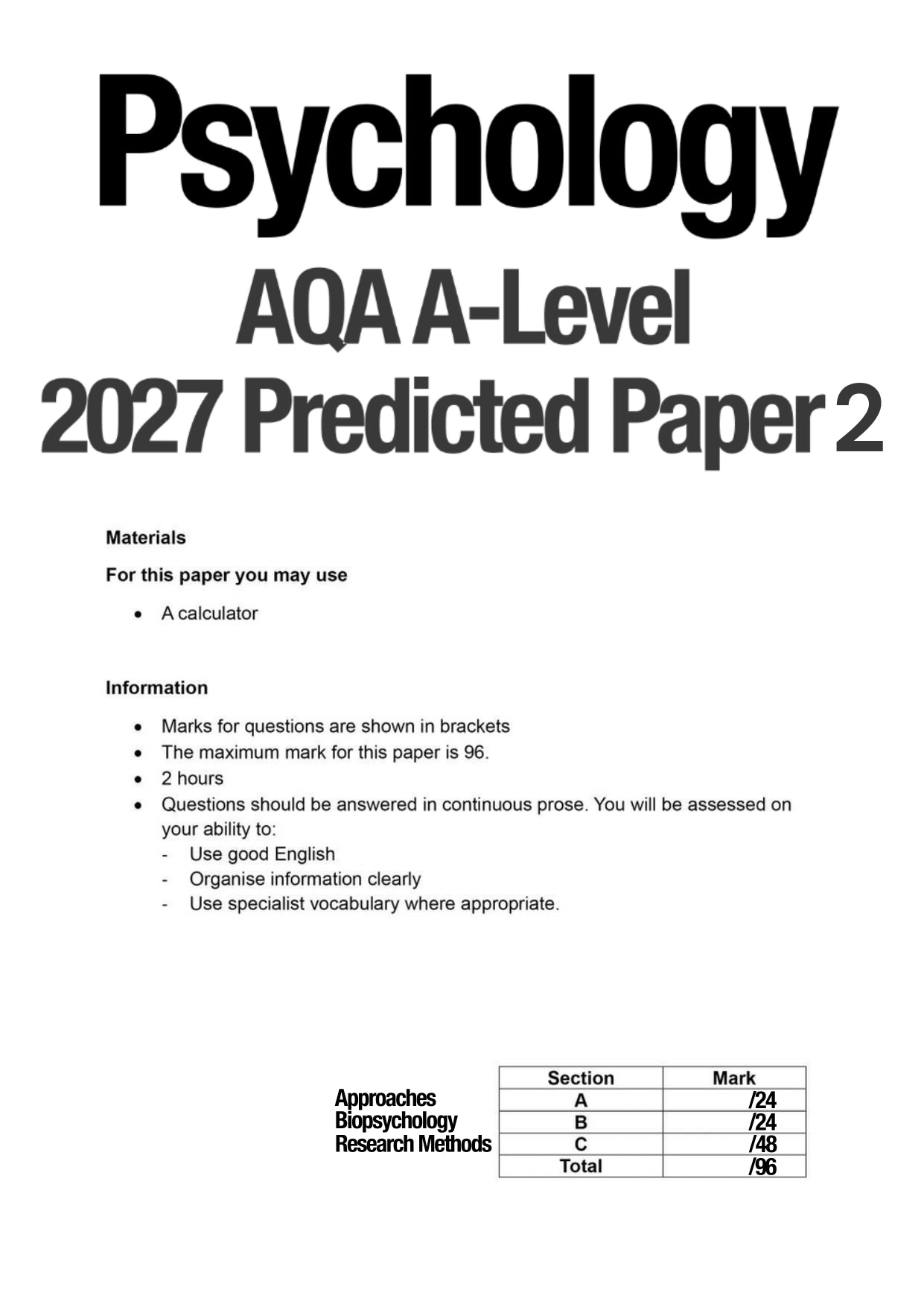 2027 AQA A-Level Psychology Predicted Paper 2 + Mark Scheme